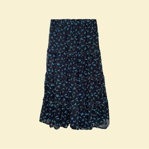 Black and blue, ruffle, midi, floral